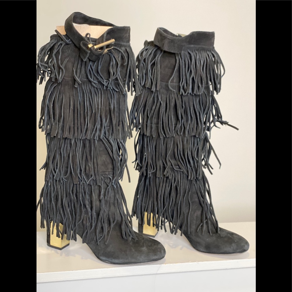 B Brian Atwood Fringe Gold Suede Boot 8 1/2